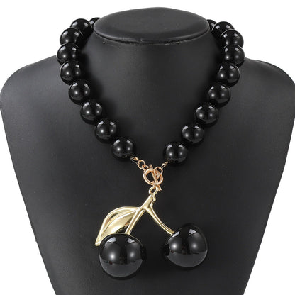 Chic Black/Red Cherry Beaded Statement Necklace with Gold Accent