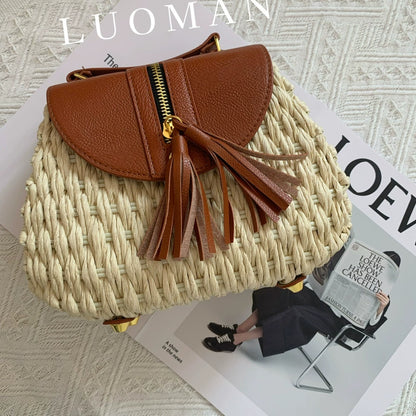 Chic Woven Straw Bag with Leather Flap & Tassel