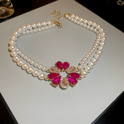 Elegant Double Strand Pearl & Colorful Gemstone Flower Necklace
