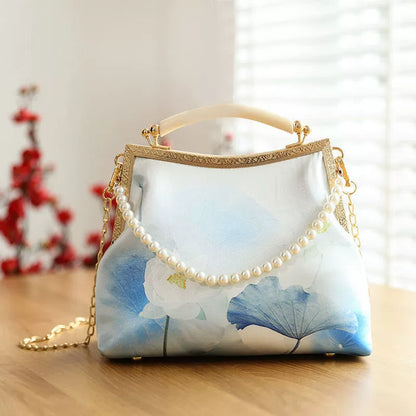 Elegant Oriental Lotus Floral Clutch Bag with Pearl Chain