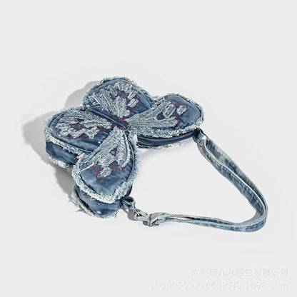 Y2K Distressed Denim Butterfly Shoulder Bag - Unique Style