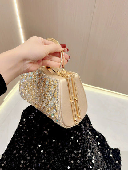 Elegant Black Rhinestone Evening Clutch Bag with Gold Handle