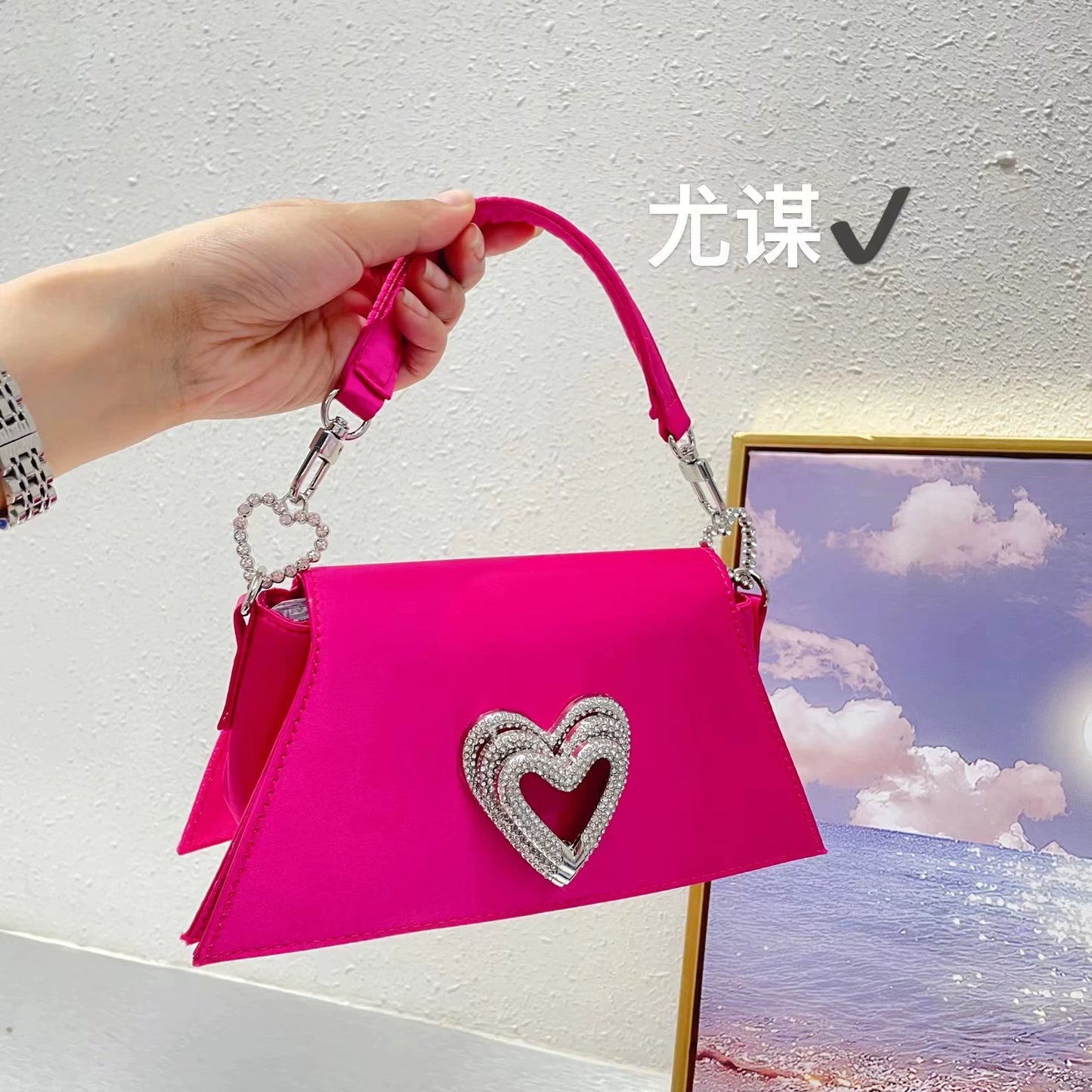 Glamorous Rhinestone Heart Satin Evening Shoulder Bag