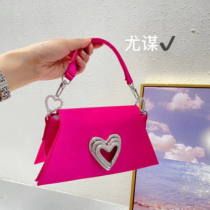 Glamorous Rhinestone Heart Satin Evening Shoulder Bag