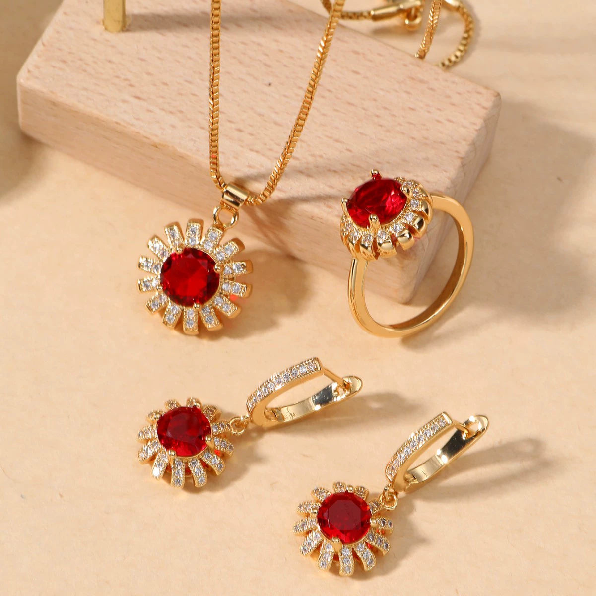 Elegant Red Zircon & Gold-Tone Jewelry Set
