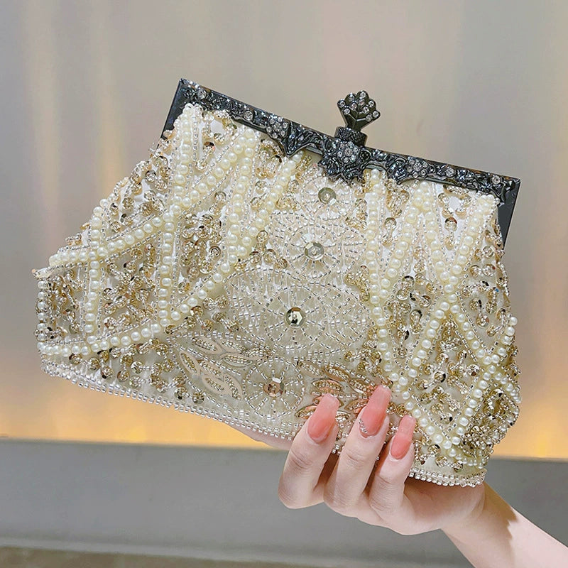 Elegant Pearl & Gold Beaded Vintage Evening Clutch