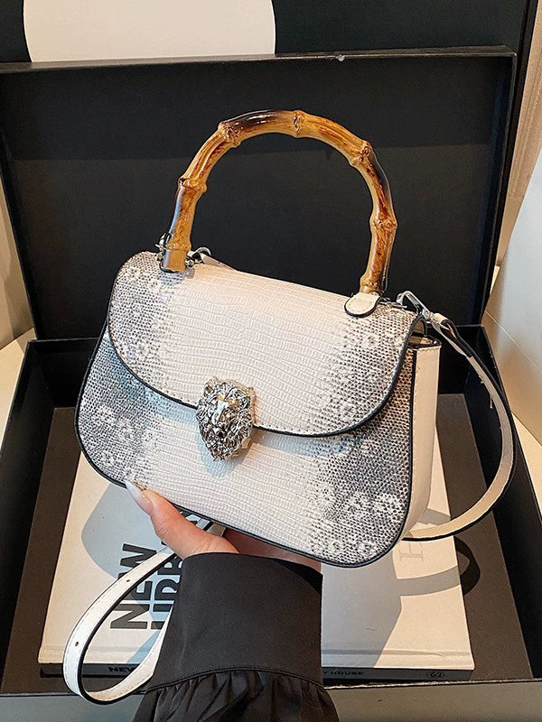 Chic Snake Print Crossbody Bag with Bamboo Handle & Lion Clasp