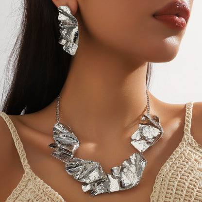Abstract Hammered Gold and Silver Statement Necklace & Earring Set