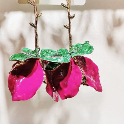Elegant Pink Rose & Thorn Dangle Earrings