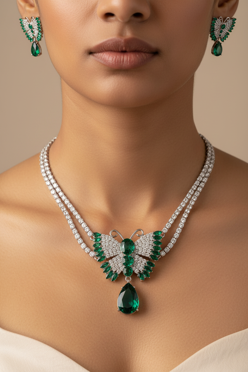 Jewelry set with emerald green stones on a white dish