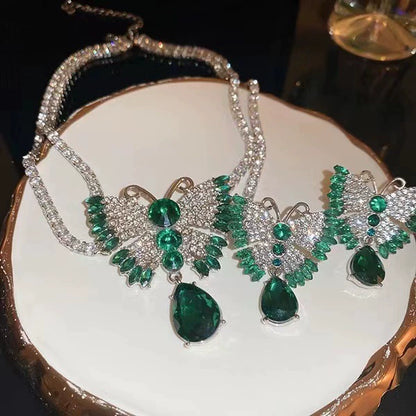 Emerald & Zircon Butterfly Statement Necklace & Earring Set