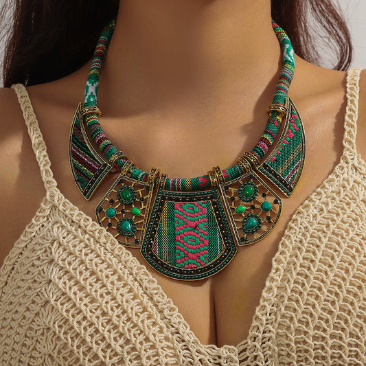 Bohemian Tribal Statement Bib Necklace with Green Stones