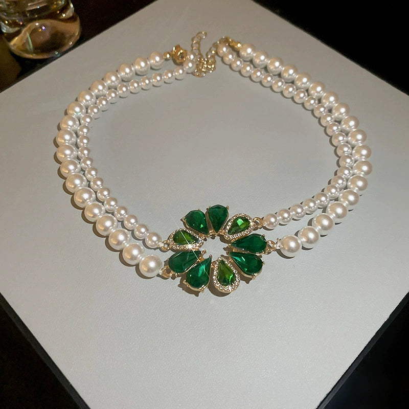 Elegant Double Strand Pearl & Colorful Gemstone Flower Necklace