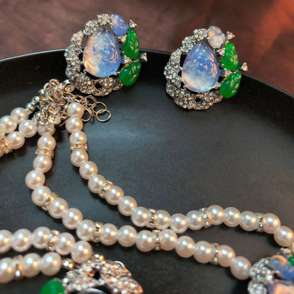 Ornate Luminous Blue Gem, Jade & Pearl Statement Necklace
