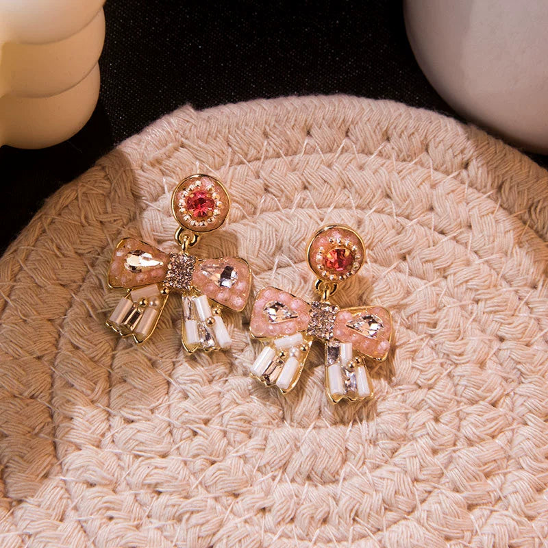 Elegant Pink Bow Crystal Dangle Earrings for Women