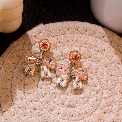 Elegant Pink Bow Crystal Dangle Earrings for Women