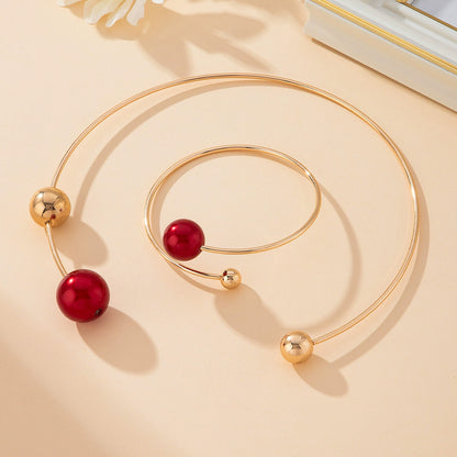 Modern Gold-Tone Red Sphere Choker & Cuff Bracelet Set