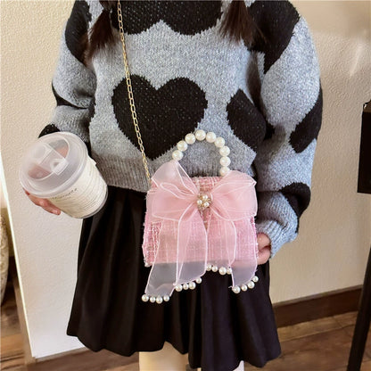 Chic Pink Tweed Mini Handbag with Pearl Handle & Bow