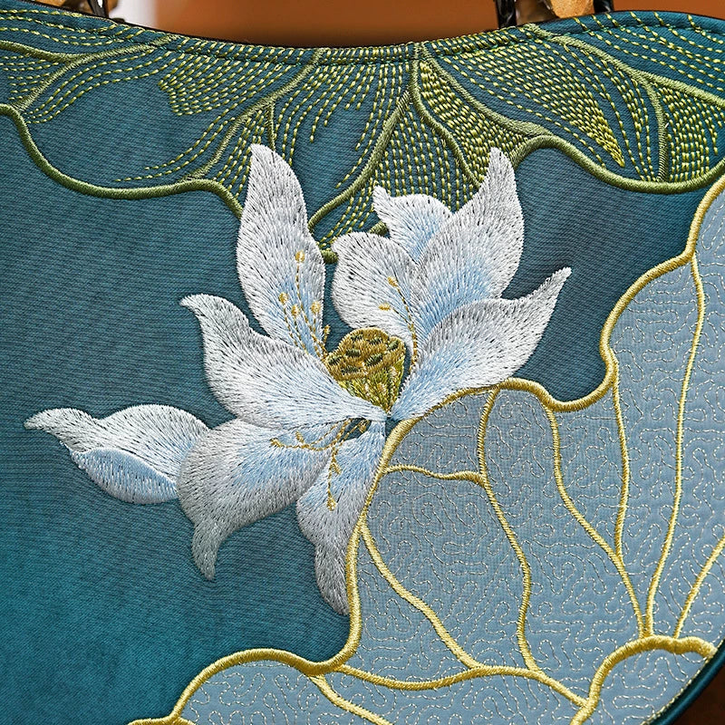 Elegant Lotus Embroidered Handbag with Bamboo Handle