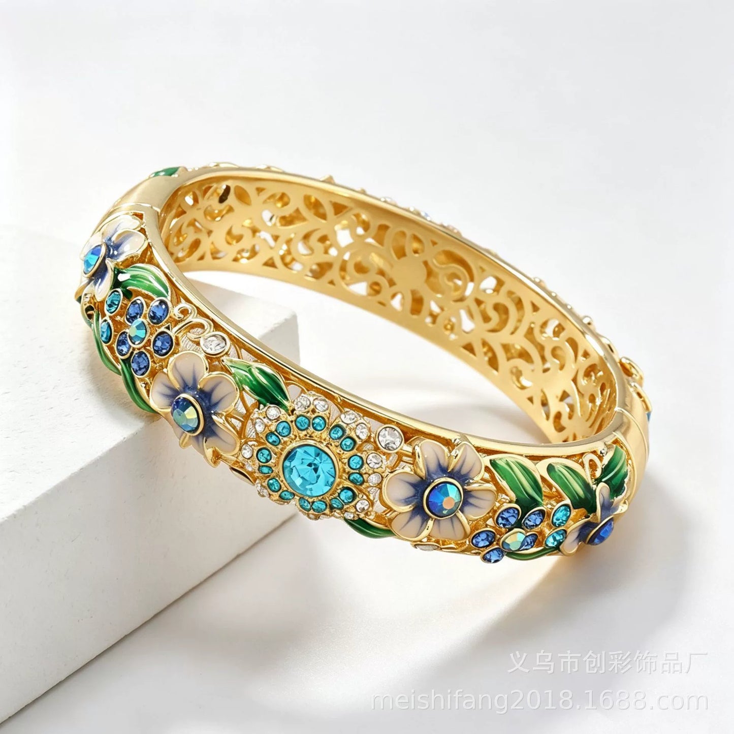 Ornate Gold-Tone Flower & Crystal Bangle Bracelet