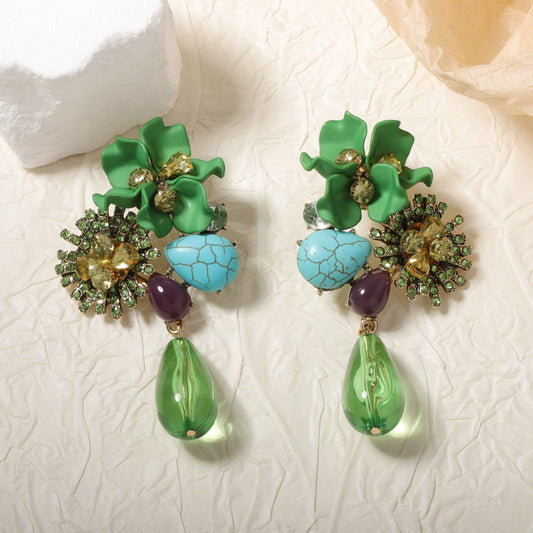 Vibrant Floral & Multi-Stone Statement Drop Earrings