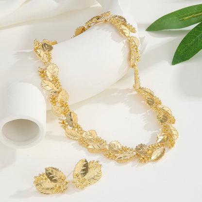 Elegant Gold-Toned Leaf Jewelry Set - Necklace & Earrings