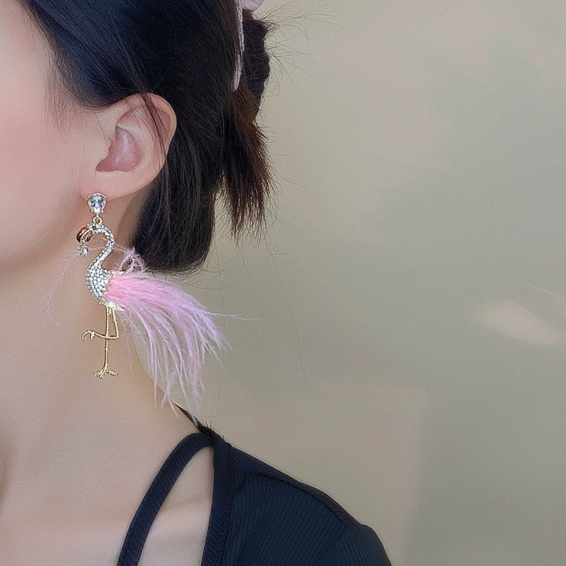 Chic Pink Feather & Crystal Flamingo Dangle Earrings