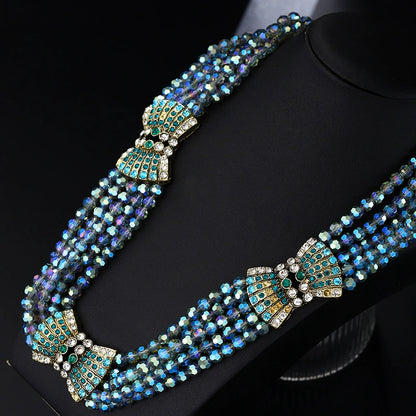 Ornate Multi-Strand Blue Crystal & Emerald Statement Necklace and Earrings