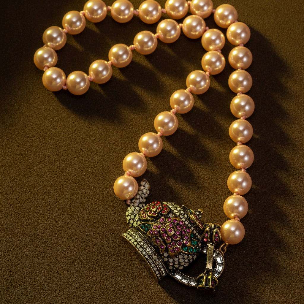 Pearl necklace with a decorative pendant on a brown background