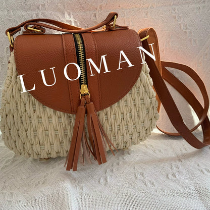 Chic Woven Straw Bag with Leather Flap & Tassel