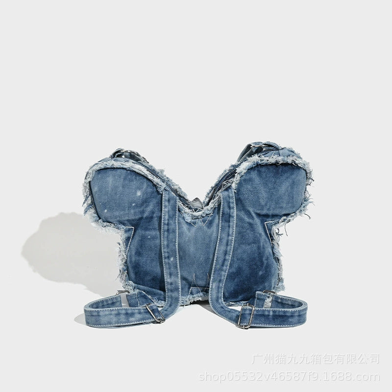 Y2K Distressed Denim Butterfly Shoulder Bag - Unique Style