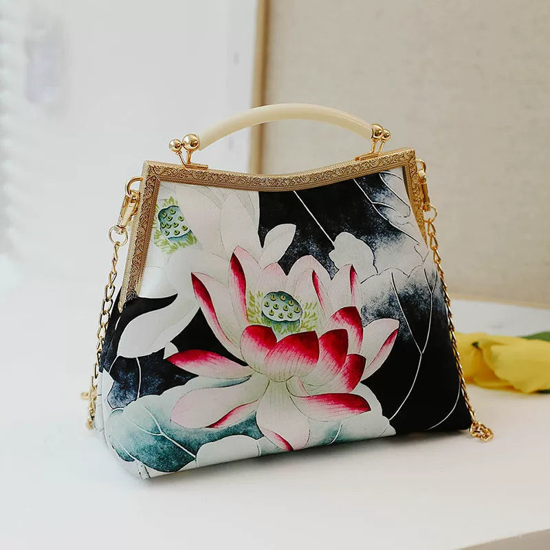 Elegant Oriental Lotus Floral Clutch Bag with Pearl Chain