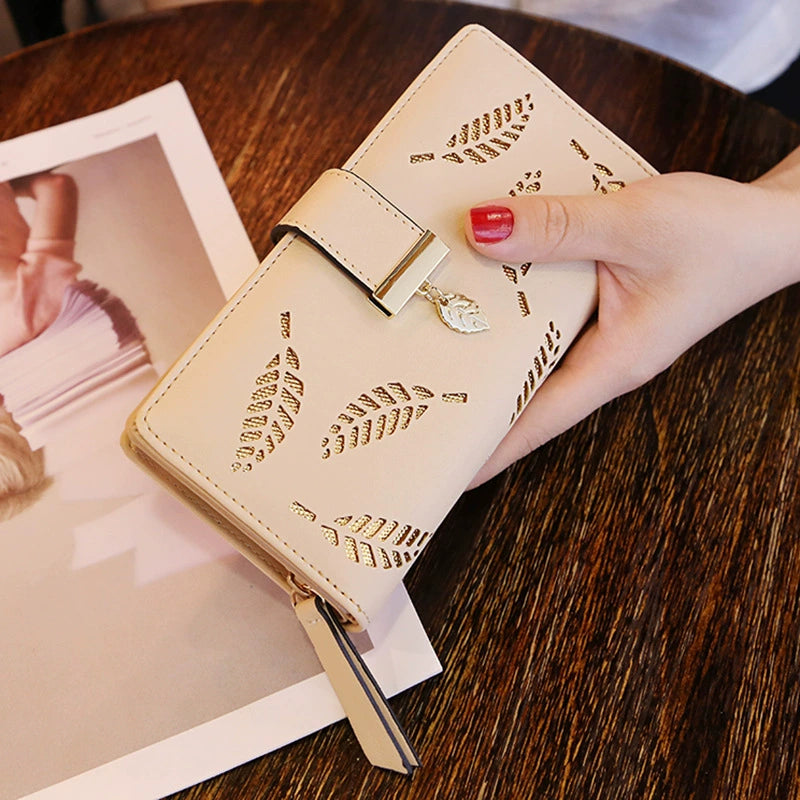 Chic Women's Brown Leaf Cutout Wallet with Charm