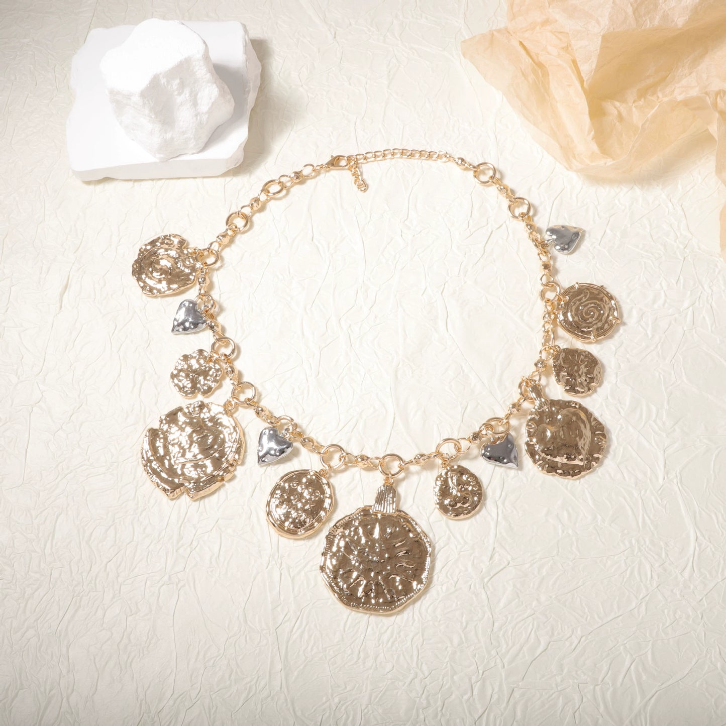 Boho Coin & Heart Charm Statement Necklace