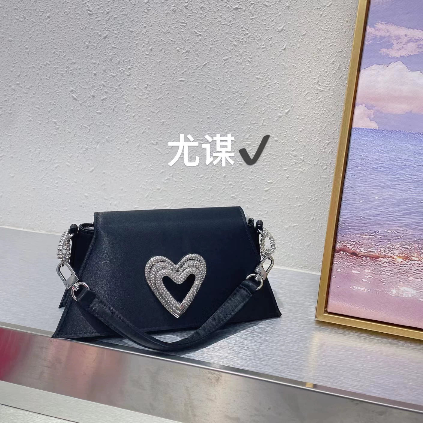 Glamorous Rhinestone Heart Satin Evening Shoulder Bag