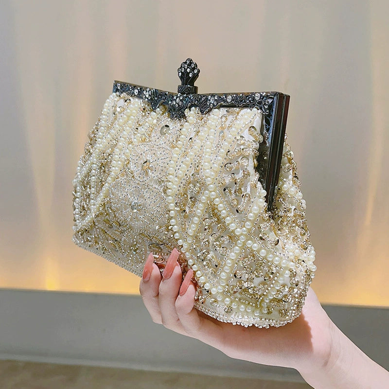 Elegant Pearl & Gold Beaded Vintage Evening Clutch