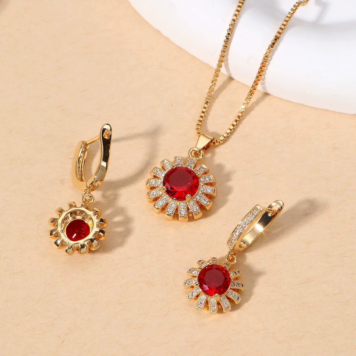 Elegant Red Zircon & Gold-Tone Jewelry Set