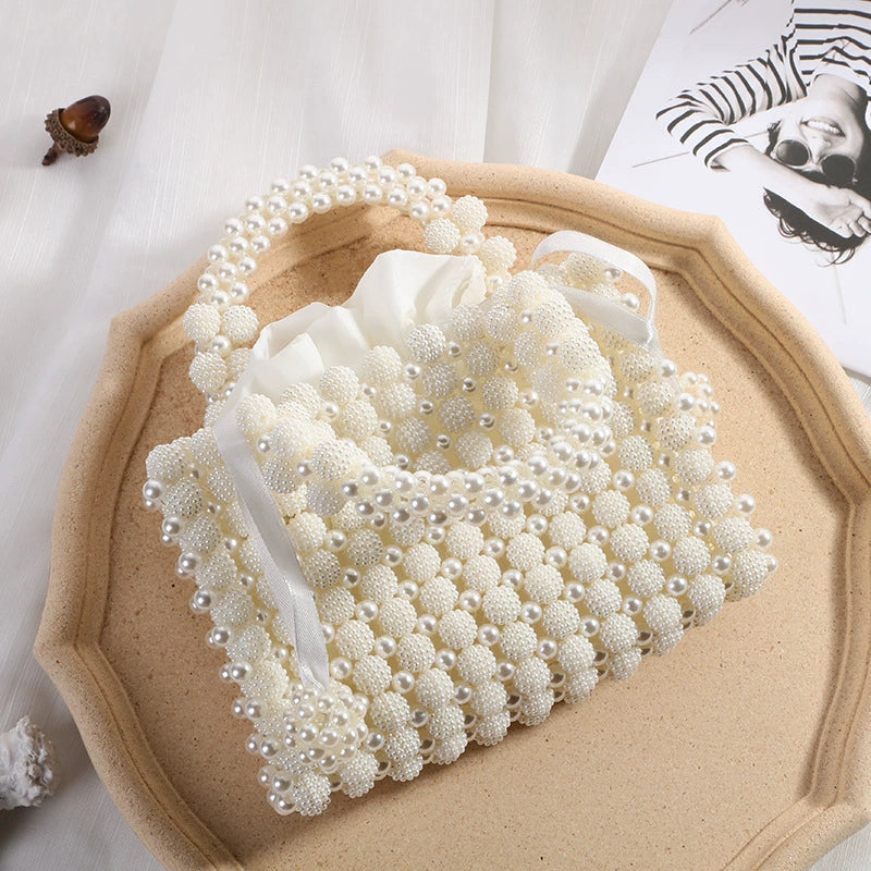 Elegant White Pearl Beaded Top-Handle Mini Handbag