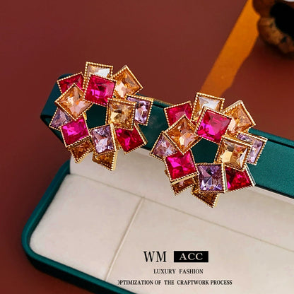 Vibrant Multicolored Crystal Cluster Stud Earrings
