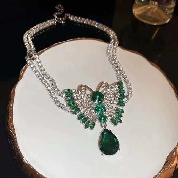 Emerald & Zircon Butterfly Statement Necklace & Earring Set
