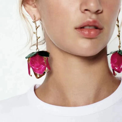 Elegant Pink Rose & Thorn Dangle Earrings