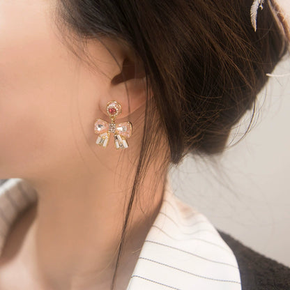 Elegant Pink Bow Crystal Dangle Earrings for Women