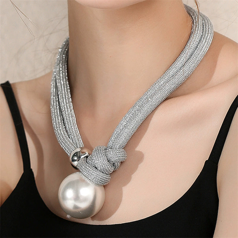 Chic Black Cord & Knot Pearl Statement Necklace