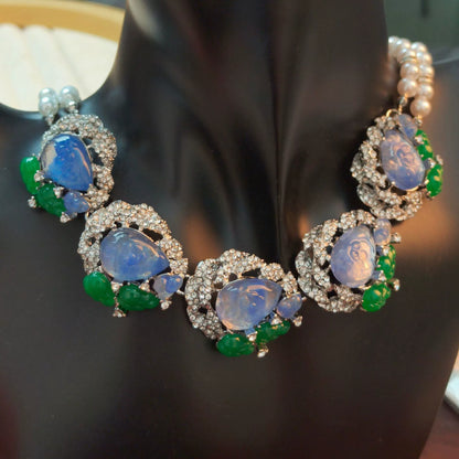 Ornate Luminous Blue Gem, Jade & Pearl Statement Necklace