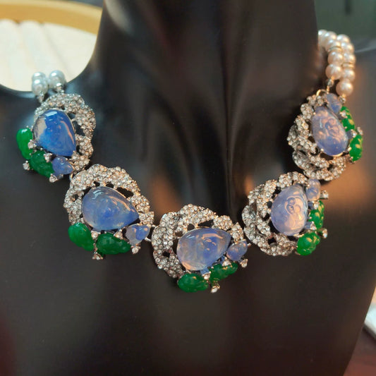 Ornate Luminous Blue Gem, Jade & Pearl Statement Necklace