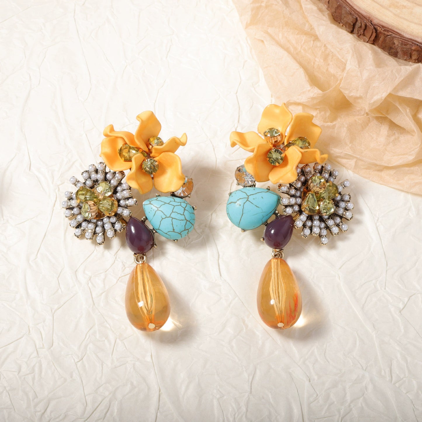 Vibrant Floral & Multi-Stone Statement Drop Earrings