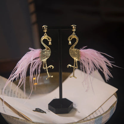 Chic Pink Feather & Crystal Flamingo Dangle Earrings