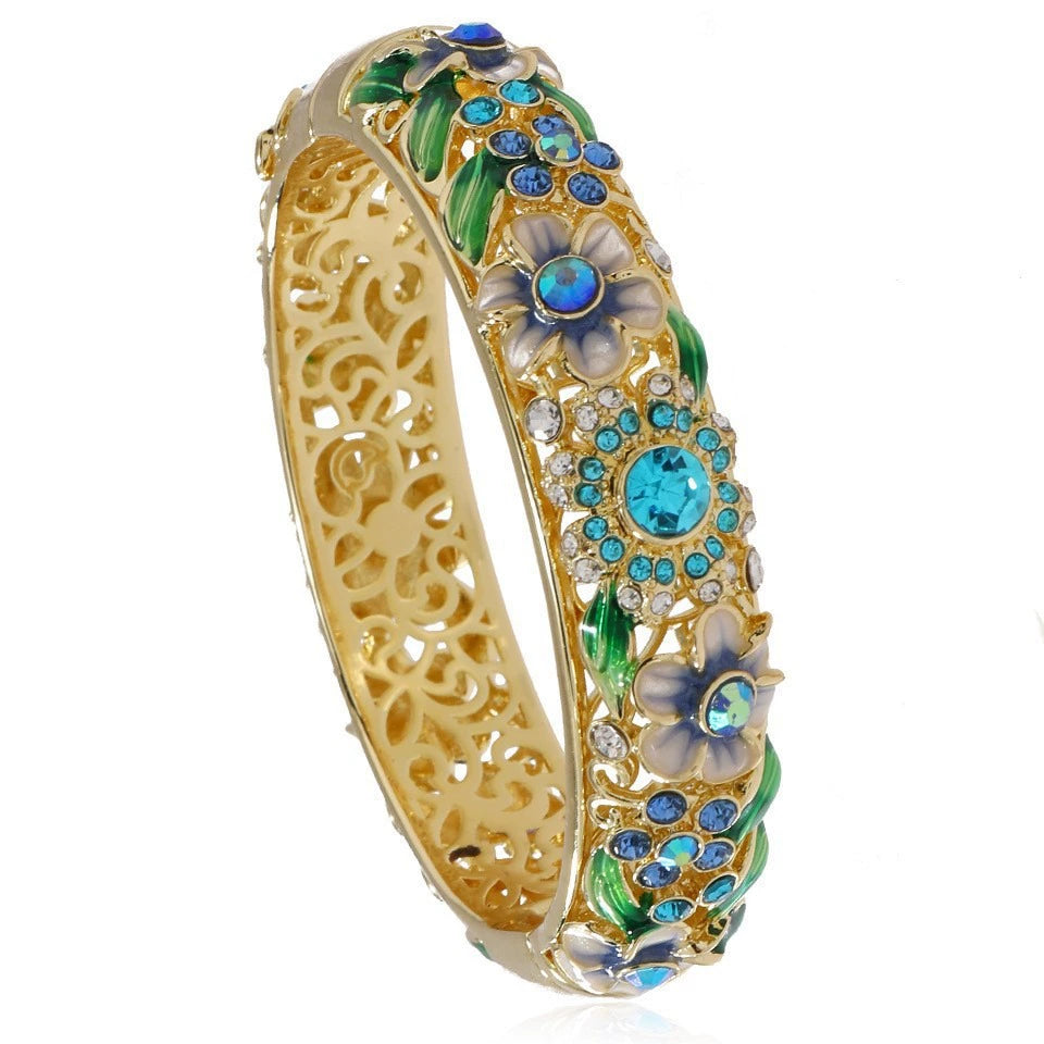 Ornate Gold-Tone Flower & Crystal Bangle Bracelet