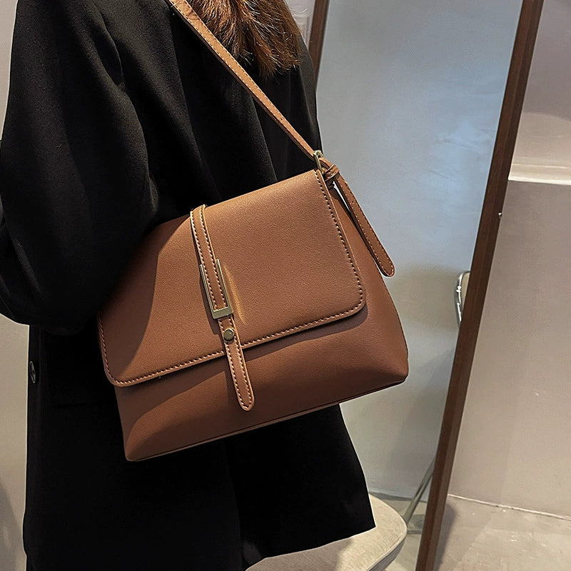 Elegant Brown Faux Leather Flap Crossbody Shoulder Bag