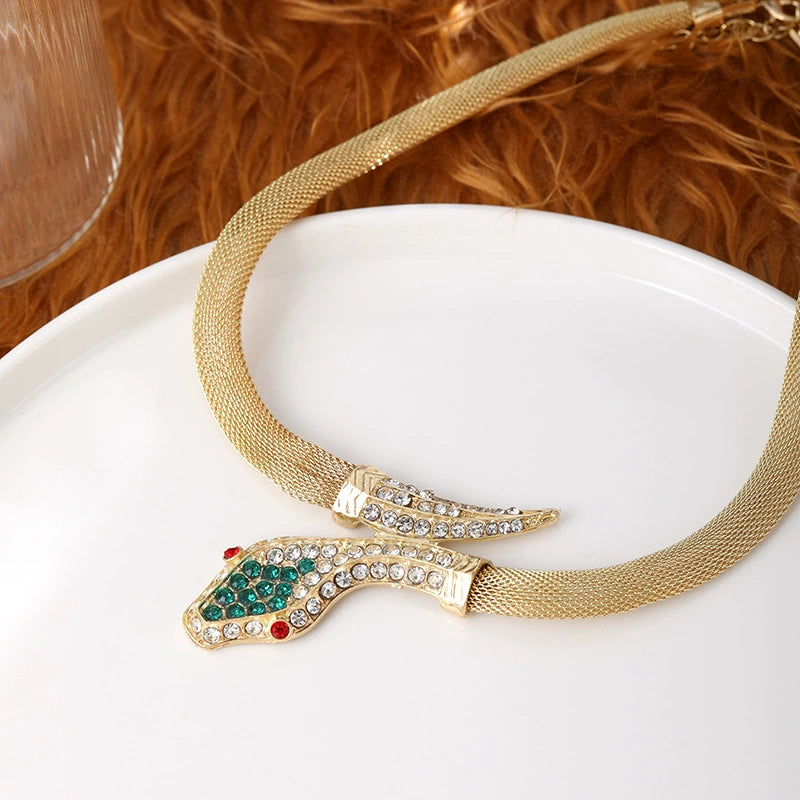 Glamorous Gold Snake Rhinestone Choker & Earring Set